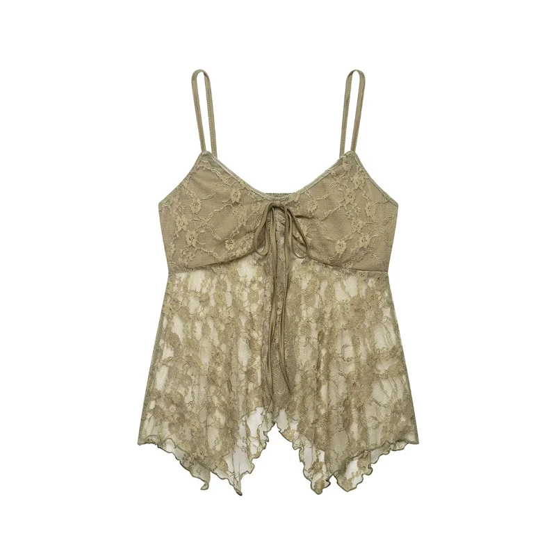 Women's Strappy Top 2026 Summer New Green Lace Sexy Elegant Fashionable Irregular Camisole