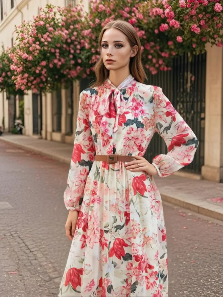 Długa sukienka damska z kwiatowym nadrukiem 2025 Nowa letnia elegancka luźna sukienka midi z dekoltem w kształcie litery O i paskiem Chic Boho Casual Party Dress