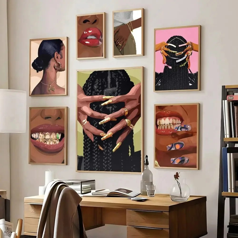 Hip Hop Black Girl Rapper Gold Teeth Diamond Necklace Art Canvas Painting Posters Prints Wall Art Pictures For Living Room Decor