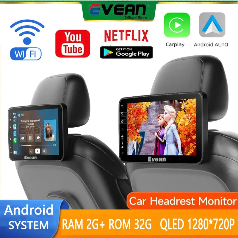 

Evean 10.1" Quad Core 2GB 32GB WiFi Android Headrest Pillow Monitor With Wireless Carplay Android Auto Built in Speaker