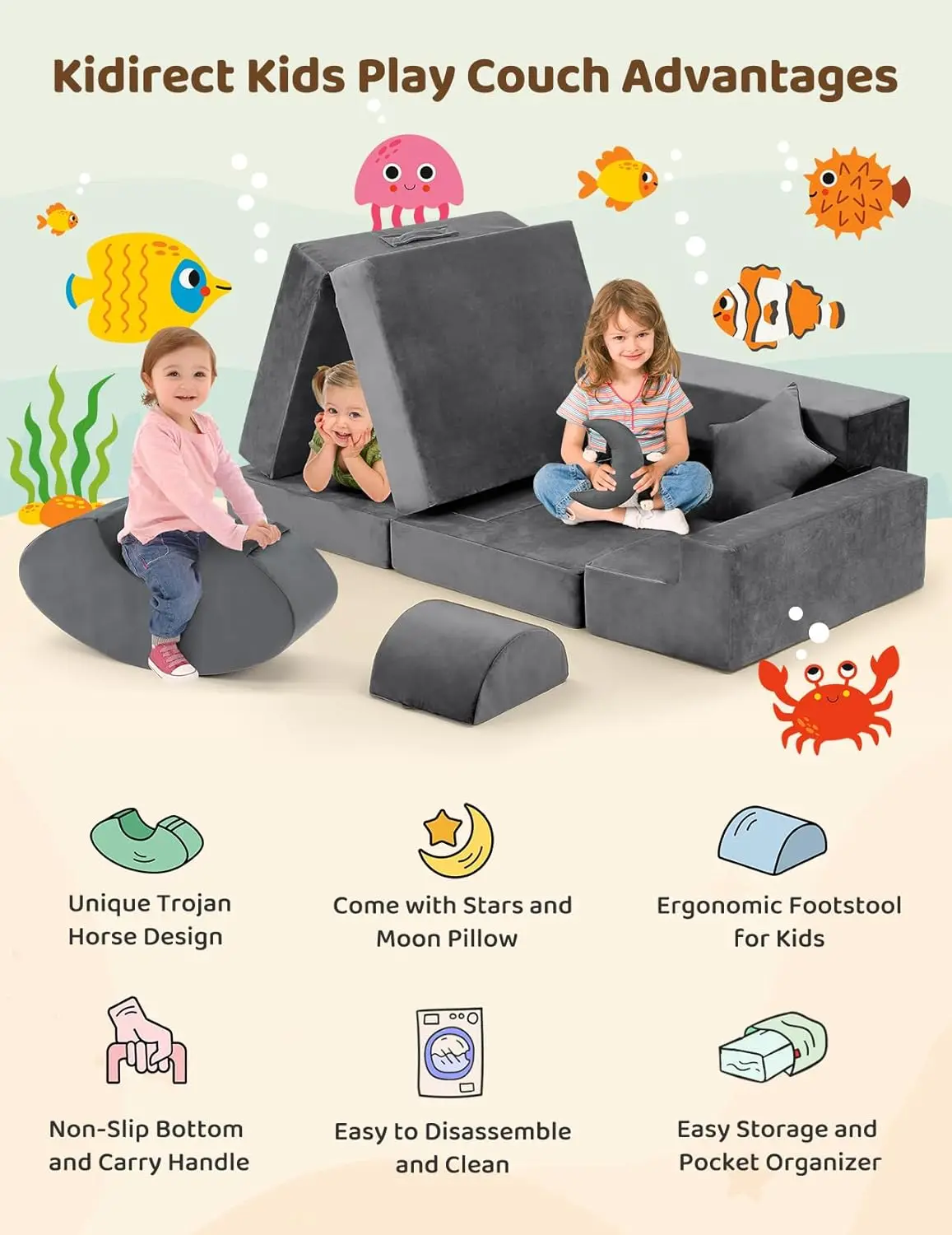 Kids Play Couch with Star & Moon 2 Pillows, Versatile Building Fort Foam Couch Imaginative Gifts for Boys & Girls, Convertible S