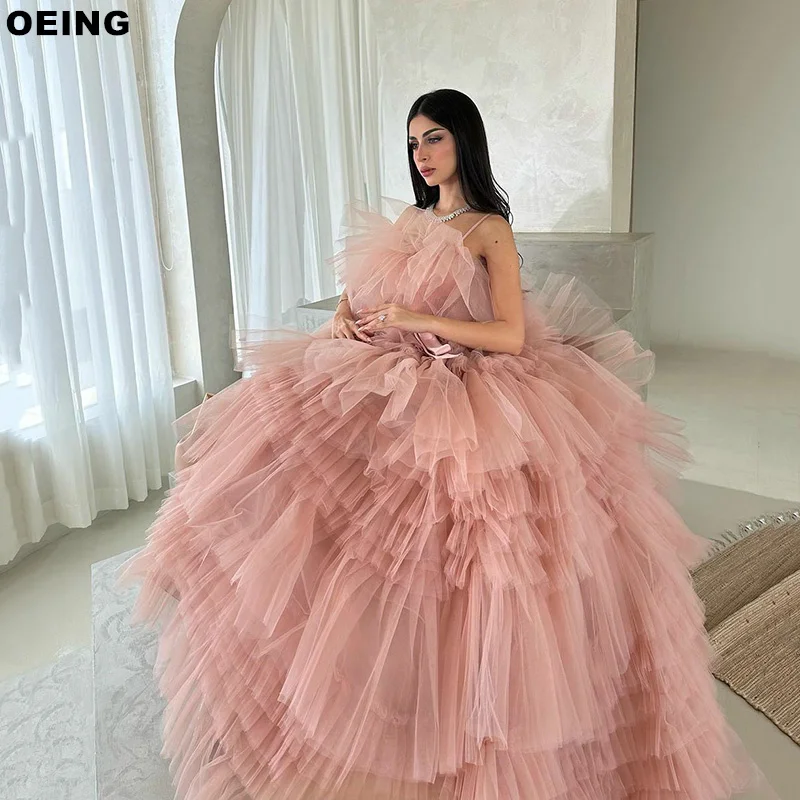 OEING Pink A-Line Prom Dresses Elegant Spaghetti Strap Tulle Tiered Evening Dress Special Occasion Gown  Vestidos De Novia