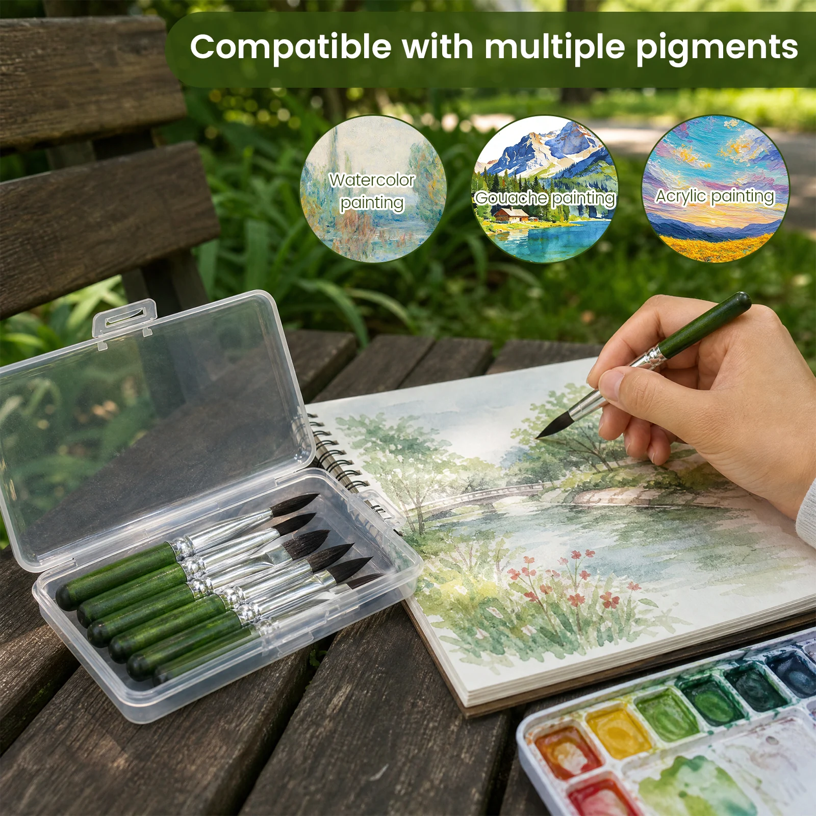 12Pcs Short Handle Watercolor Brush Set with Ergonomic Grip for Travel Short Handle Watercolor Brush Portable Watercolor Brush
