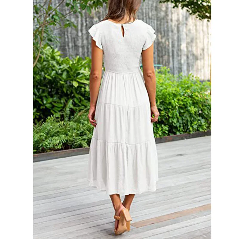 Elegant Flying Sleeve Women Long Dress Summer New Patchwork Party Round Neck A-Line Dresses Female Boho Holiday Beach Sundress