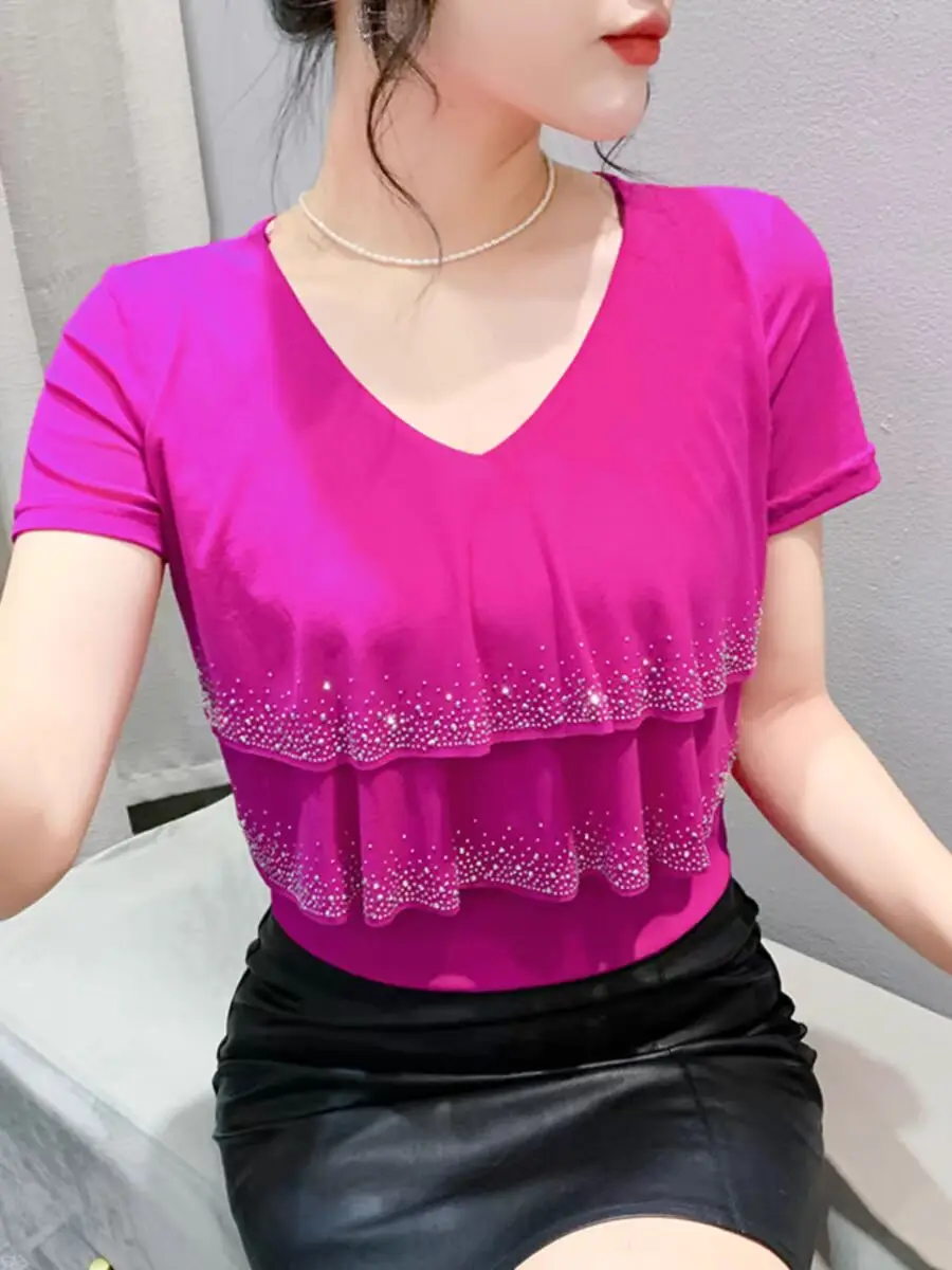 2024 New Design Charming Diamond Set Wave Solid T-shirt Spring Summer Woman M-3XL Short Sleeve V-neck Ruffles Splicing