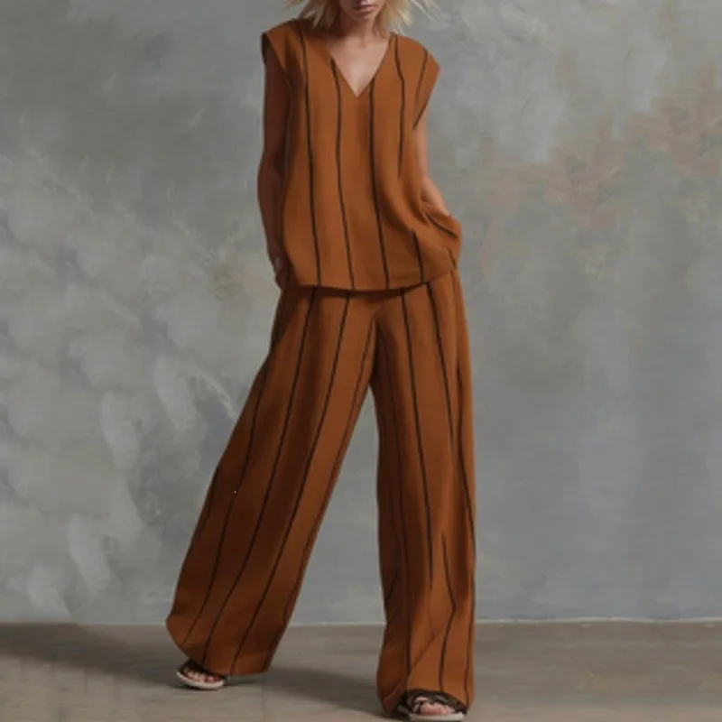ANJY Summer New Women French Style Vertical Striped Loose Slim Two-Piece Set Trend Ins V-Neck Vest  Casual Wide-Leg Pants A21778