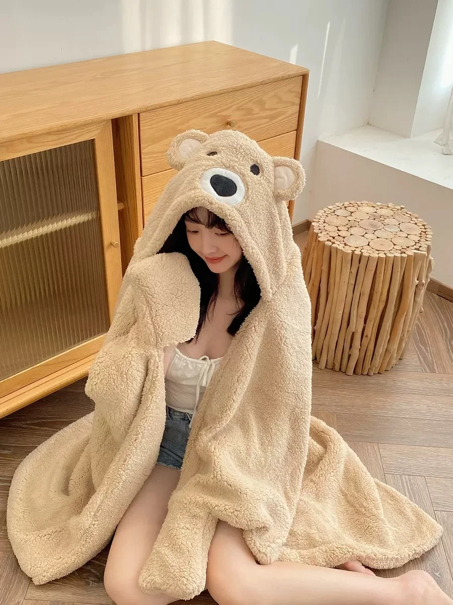 Autumn Winter Warm Thickened Cute Cloak Blanket Hooded Shawl Female Cartoon Lazy Man Blanket Bedroom Nap Children Blanket