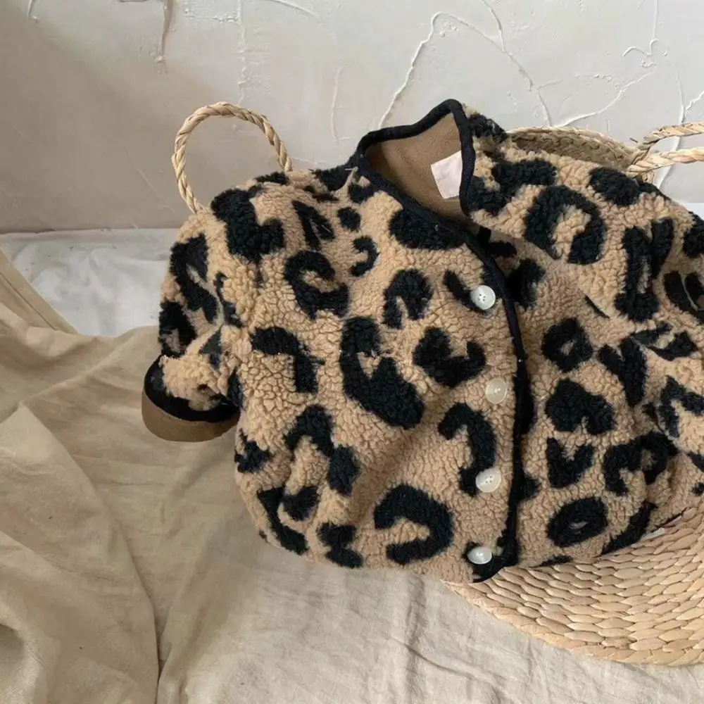 Winter Baby Fleece Jacket Leopard Pattern Lambswool Coat Thickened Warm Soft Casual Loose Outerwear Kids Unisex Clothing Trendy