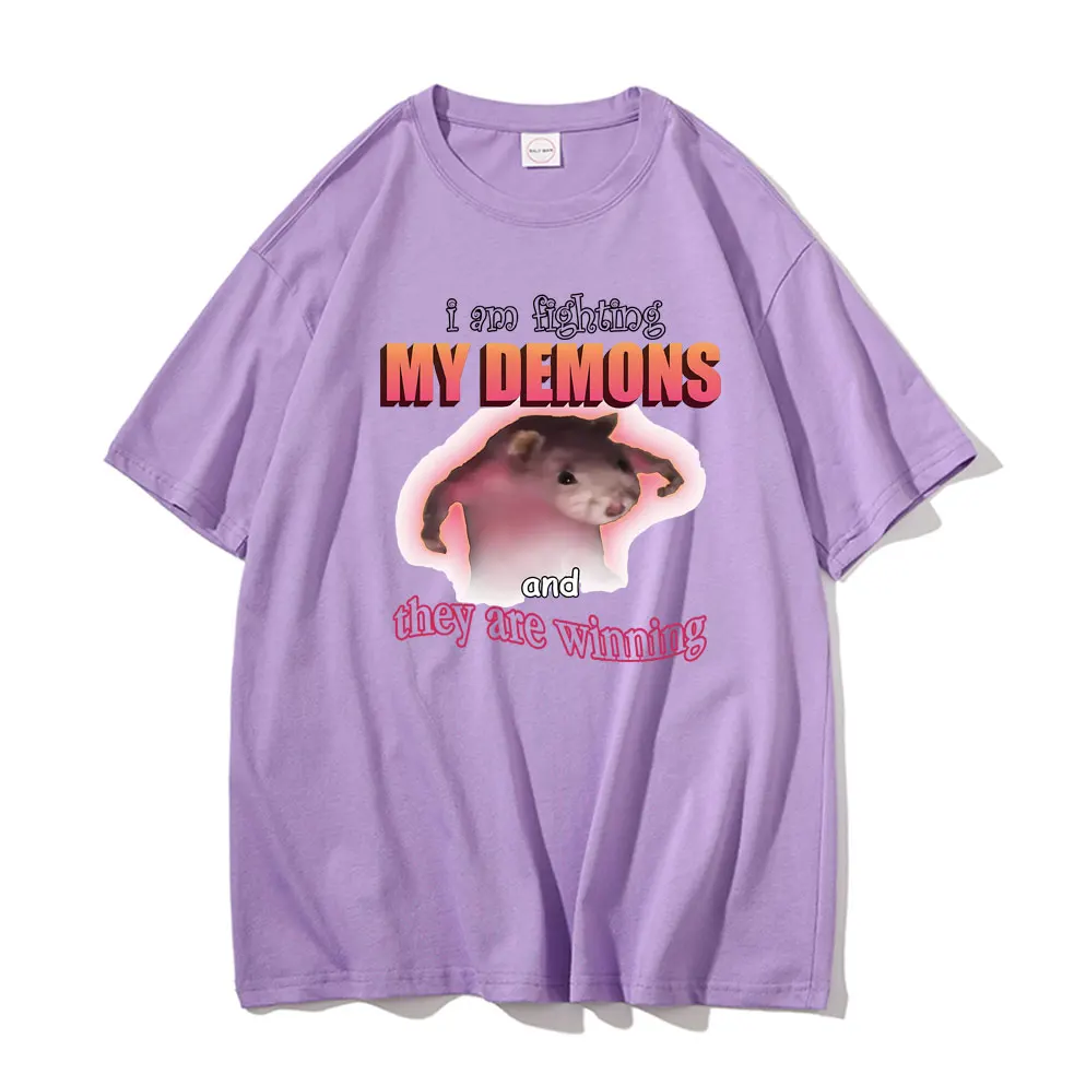 Funny I Am Fighting My Demons and They Are Winning T Shirts Men Women Casual Loose Tshirt Cute Kawaii Mouse Meme Graphic T-shirt