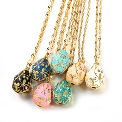 Flashbuy New Fashion Drip oil Enamel Carved Fine Leaves Lucky Easter Egg Pendant Stainless Steel Necklace For Women Jewelry