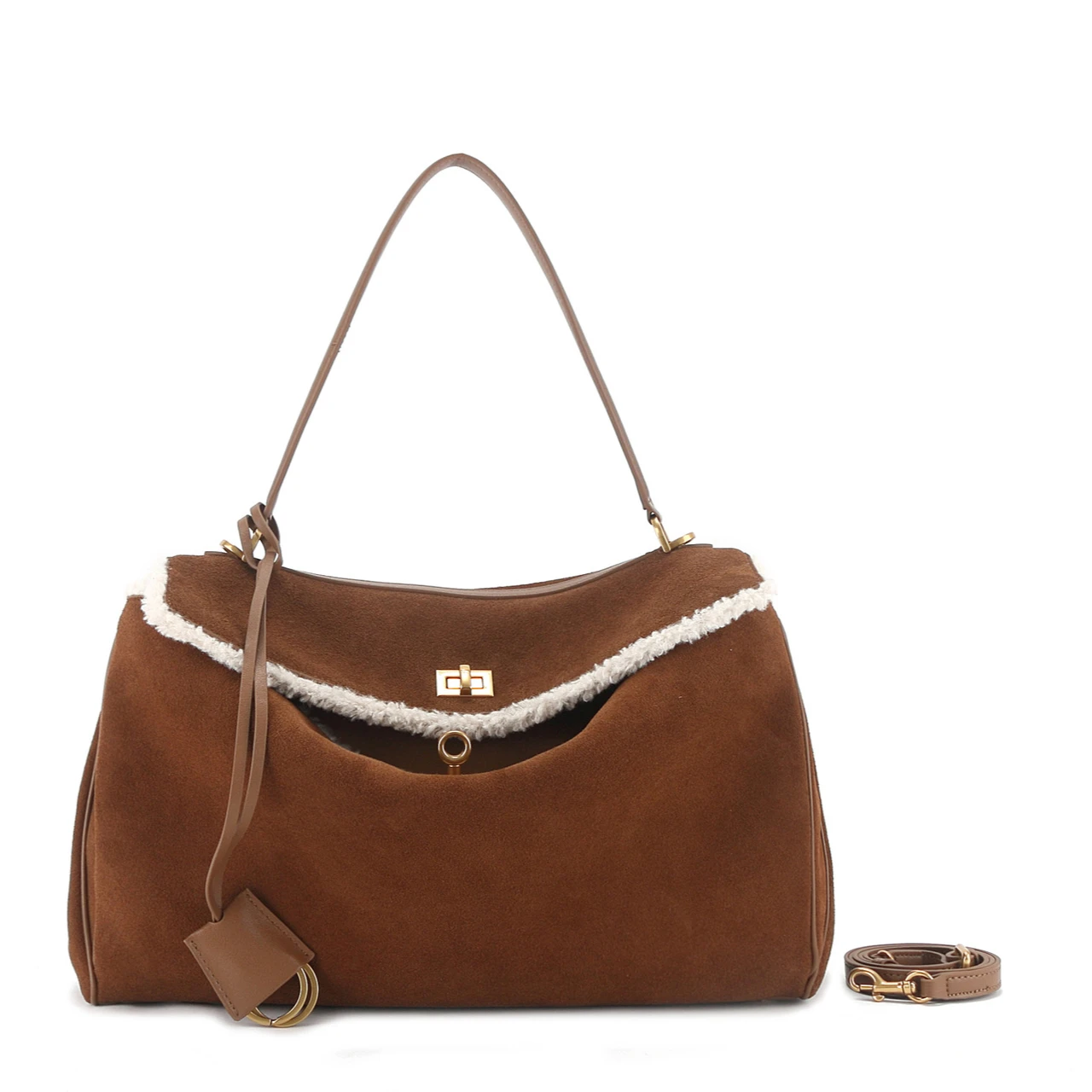 New Genuine Leather Suede Fashion Tote Bag  Soft Wool Fleece Trim Gold Turn Lock Versatile Underarm Shoulder Crossbody Handbag