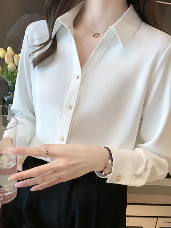 

Ele Long Sve White irt Women's Faion High End Top Soft Satin Commute Sle Slim Fit V Ne Button Closure