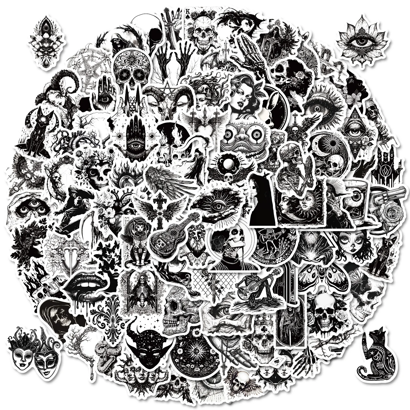 

100Pcs Black White Gothic Stickers Punk Skull Decals Waterproof Vinyl Skateboard Laptop Luggage Emo Grunge Horror Decor Gift