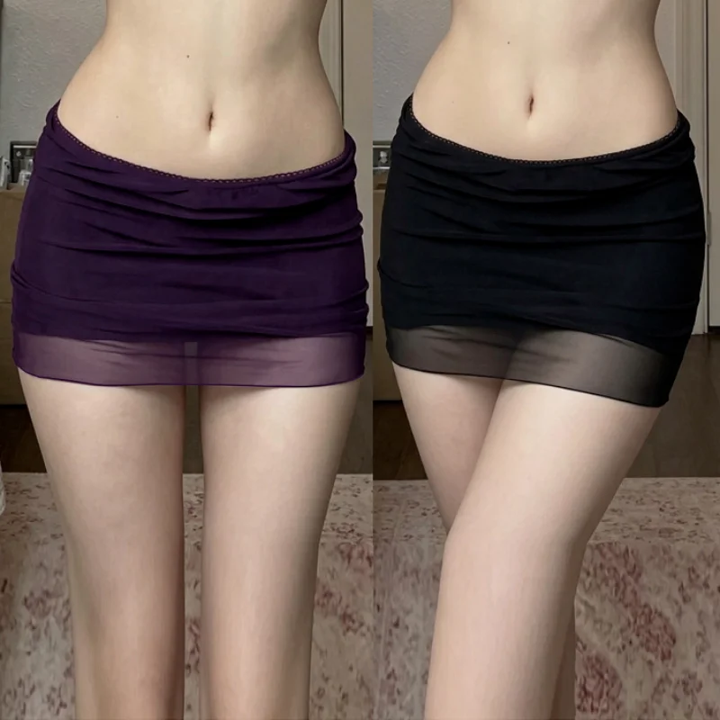 Sexy Trendy Half Skirt Bodycon Short Skirt Women's Polyester Fiber Casual Style mid Waist Design Purple Mesh Splicing