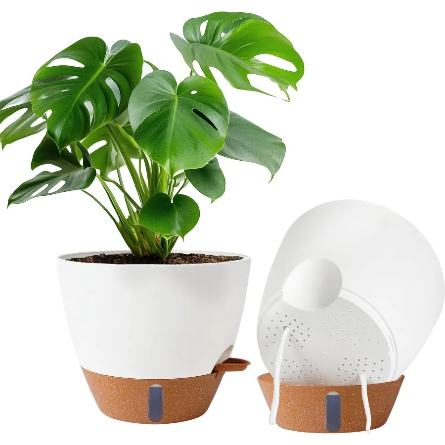 

2 Pack 10 inch Plant Pots Plastic Self Watering Planters with Drainage Holes Deep Reservoir Water Level Indicator Modern Drativ