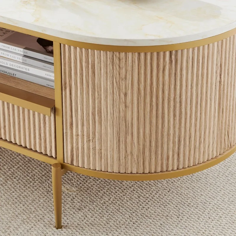 Moderne luxe gecanneleerde salontafel, 48 inch ovale salontafel met lade, kunstmarmeren blad, gebogen profielontwerp, goudkleurig metaal december