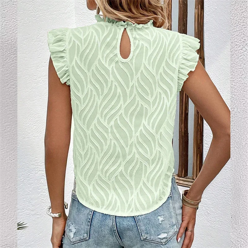 Women Pleated O Neck Pullover Shirt Summer Ruffles Decoration Sleeveless Blouse Female Daily Casual Sweet Style Solid Color Tops