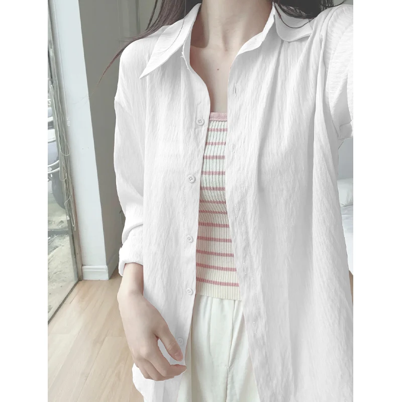 

Summer Long Sleeve Shirt Women Loose Casual Top Blue Thin Sunscreen Korean Style Solid Color Basic Women's Shirt