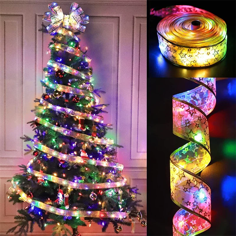 Ruban lumineux LED pour décoration de Noël, ornements d'arbre de Noël, nœuds en dentelle bricolage, guirlandes lumineuses, ouvertement pour la maison, nouvel an, 2025