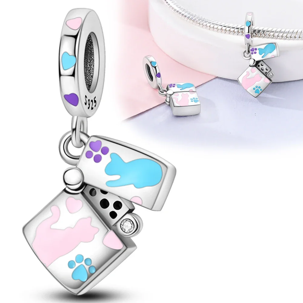 Charms 925 Silver Plated Colorful Cat Lighter Heart-shaped Pendants Fit Charms Original Bracelet Beads Women Jewellery Making