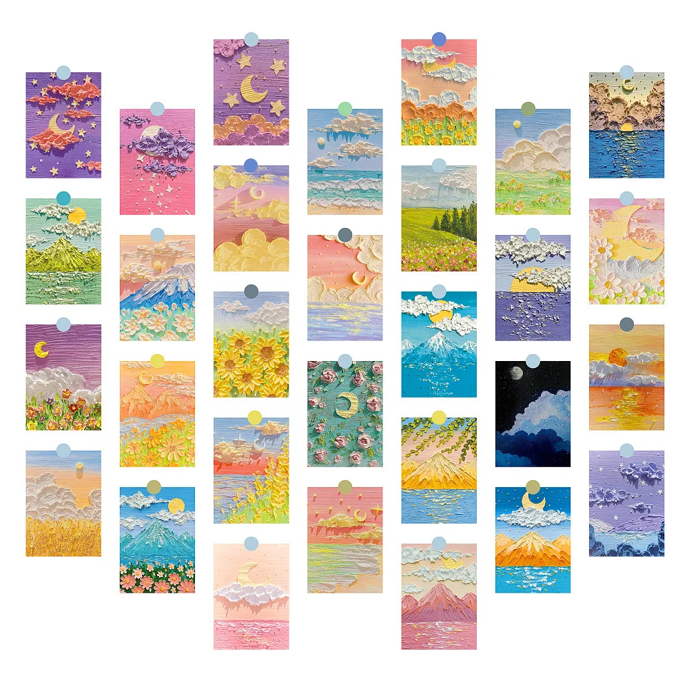 30 Pcs Oil Painting Landscape Wall Collage Kit INS Style Background Stickers Posters Greeting Cards Art Decor Set