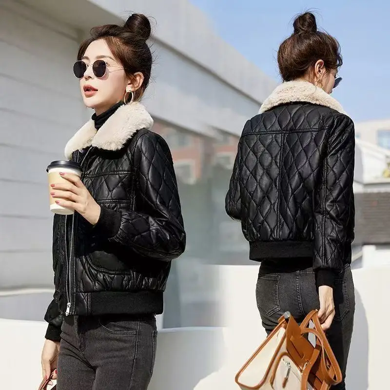 Women Autumn Winter PU Leather Jacket New Ladies Add Velvet Warm Leather Coat Detachable Fur Collar Short Top Lady Cotton Padded