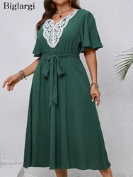 Plus Size Summer Embroidery Patchwork V-Neck Long Dress Women Loose Ruffle Pleated Ladies Dresses Elegant Fashion Woman Dress