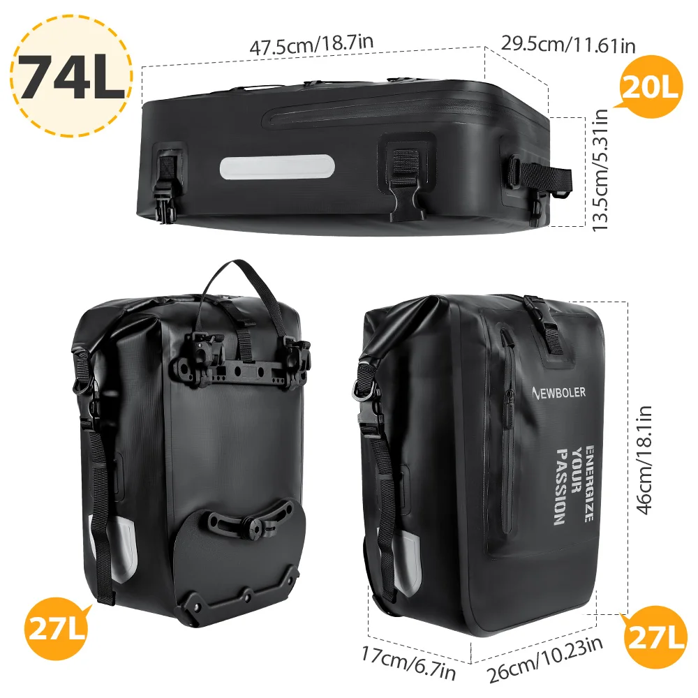 NEWBOLER 75L 3-in-1 Wasserdichte Fahrrad-Gepäckträgertasche MTB Rennrad-Tasche Große Kapazität Reisegepäckträger Satteltasche – Detail 6