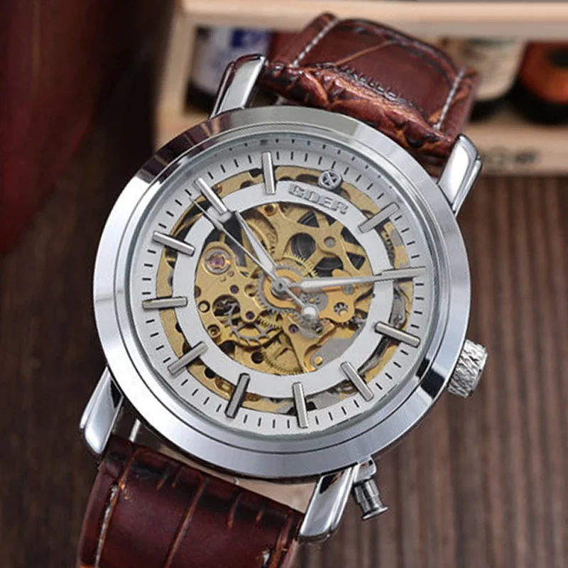 

T-GOER Men's Watches Luxury Gold Skeleton Watches Men Automatic Mechanical Wristwatches Rear Cover Flip Relogio Masculino