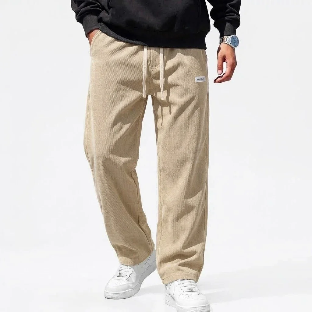 Mens Corduroy Pants Wide Straight Leg Casual Bottoms Loose Cut Elastic Waist Drawstring Joggers Office Wear Urban Streetwear