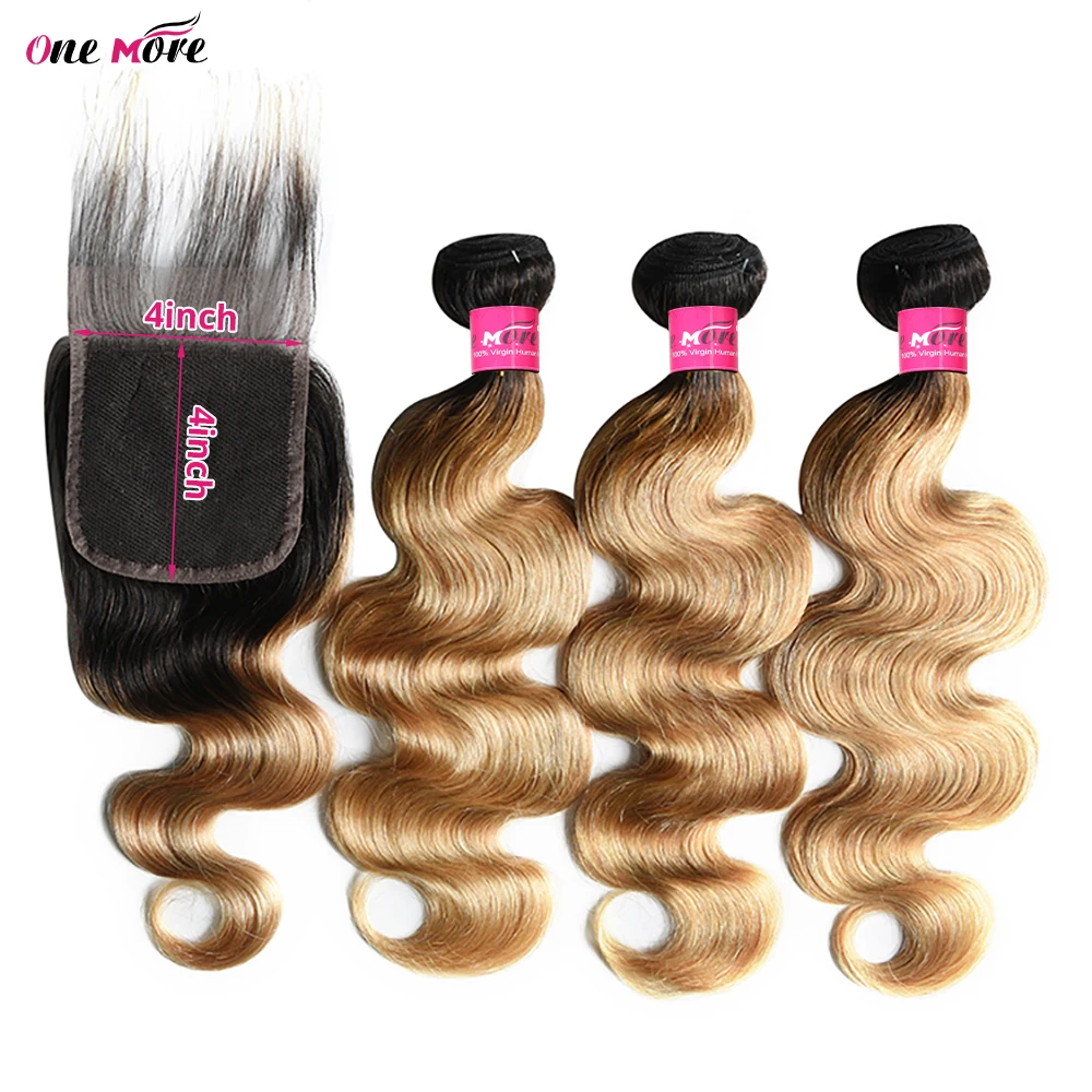 Mèches Body Wave 100% naturelles avec closure, couleur blond miel 1B 27, 4x4 pouces, partie libre