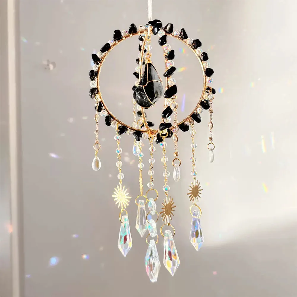 Custom Obsidian Crystal Sun Catcher - Double Hoop Gold Frame Raw Stone Chip Sphere Hanging Ornament for Window Decor