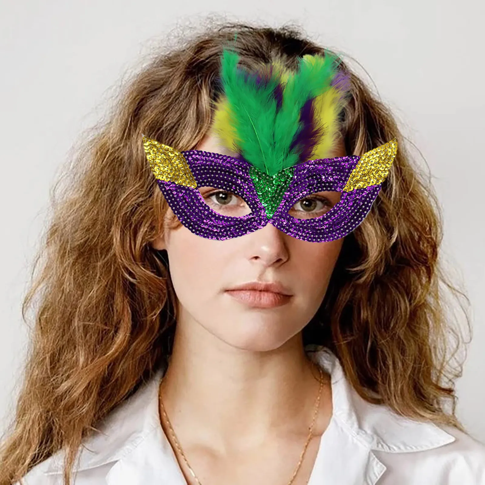 Halloween Carnival Half Faced Makeup Performance Golden Purple Green Sequenant Makeup Masquerade Performance With Feather