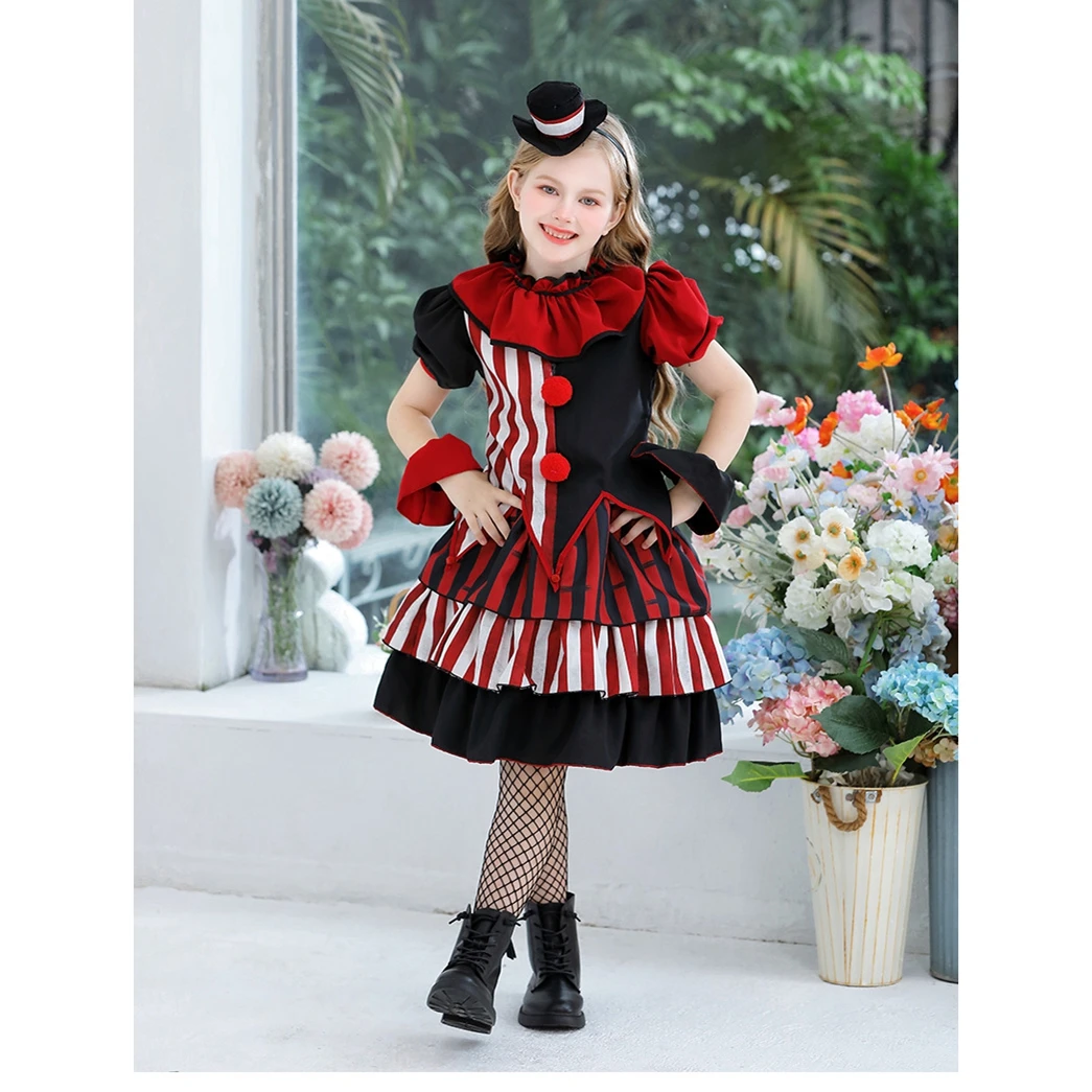 Halloween Clownkostuum Onregelmatig T-shirt met korte mouwen en gestreepte rok Hoofdband Polsband Kraag voor Cosplay Party