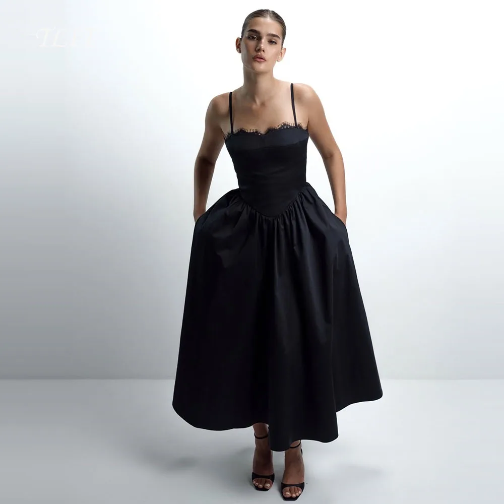 فساتين سهرة أنيقة من TLIT مصنوعة من الحرير الأسود والساتان والدانتيل بدون حمالات وحزام سباغيتي رفيع فساتين حفلات مخصصة