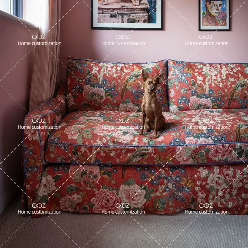 Retro Peony Print Fabric Sofa 3 Seater Straight Couch for Small Living Room Bungalow American Style Home Furniture