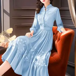 Spring Summer Solid Color Midi Dress Women Stand Collar Lantern Sleeve Dresses Button Patchwork High Waist Chic Robe