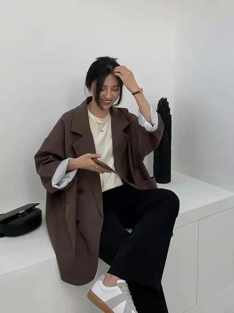 سترة نسائية بنية عتيقة أنيقة رسمية للسيدات للخريف بأكمام طويلة سترة غير رسمية أنيقة كبيرة الحجم تناسب الجميع