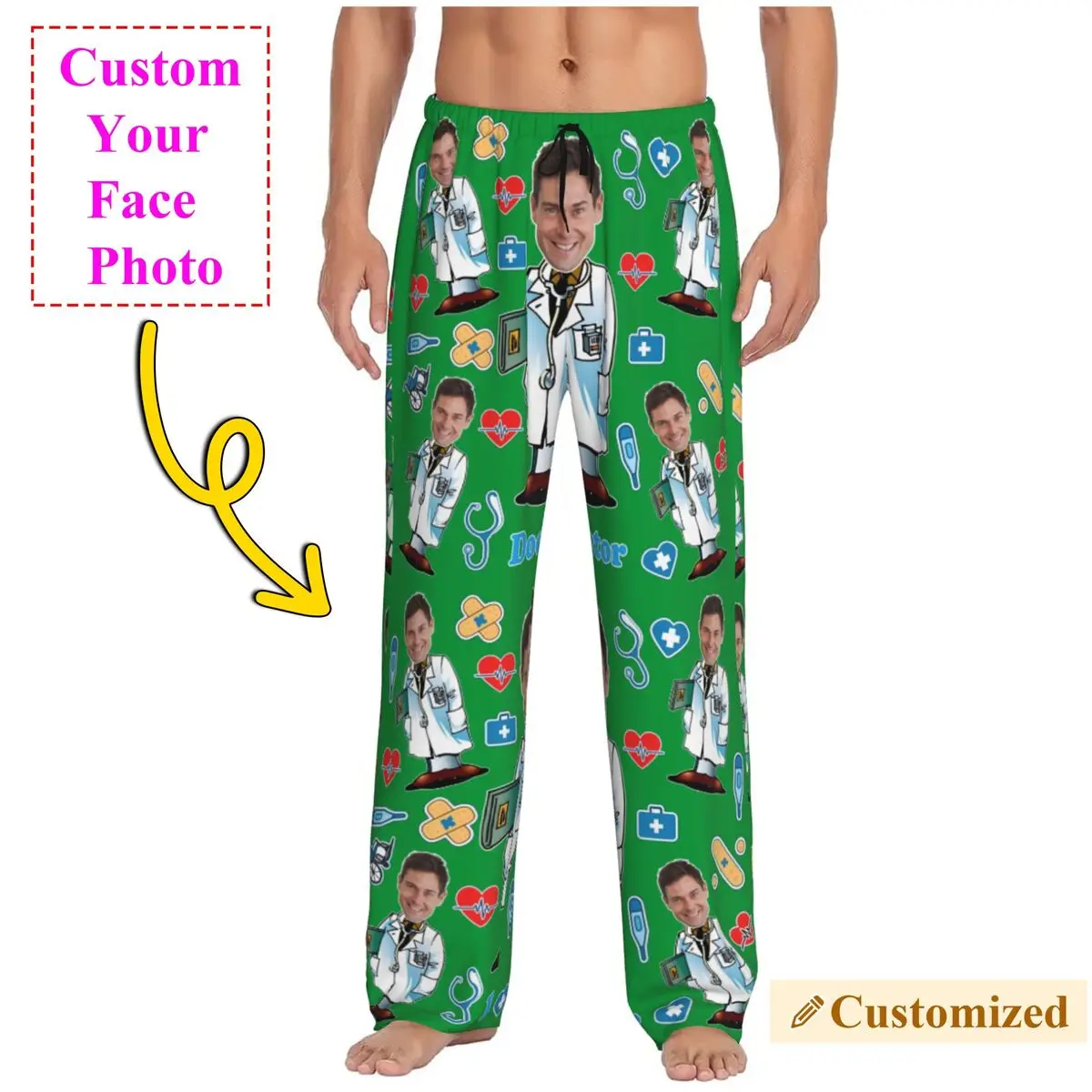 

Doctor Custom Pajama Pants Sleepwear Men Elastic Waistband Personalized Face Photo Design Sleep Lounge Bottoms with Pockets