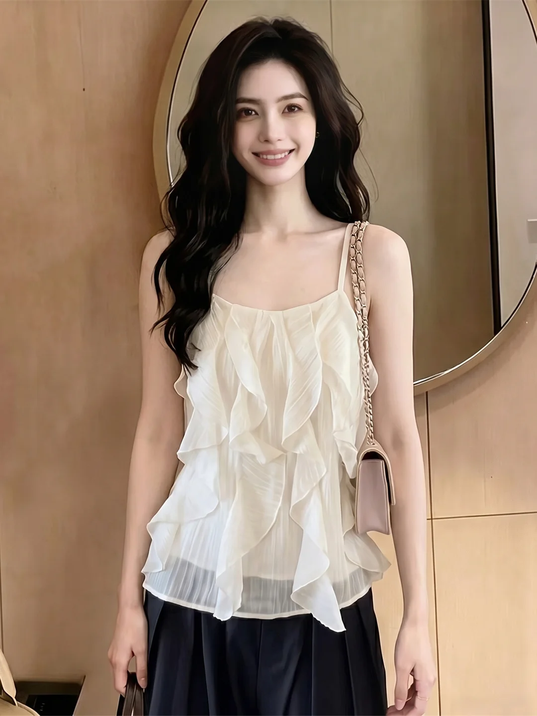 

Fashionable Women's Sleeveless Vest with Lace Trim Commuter Style Versatile Top Korean Version Straight Cut Silken Material