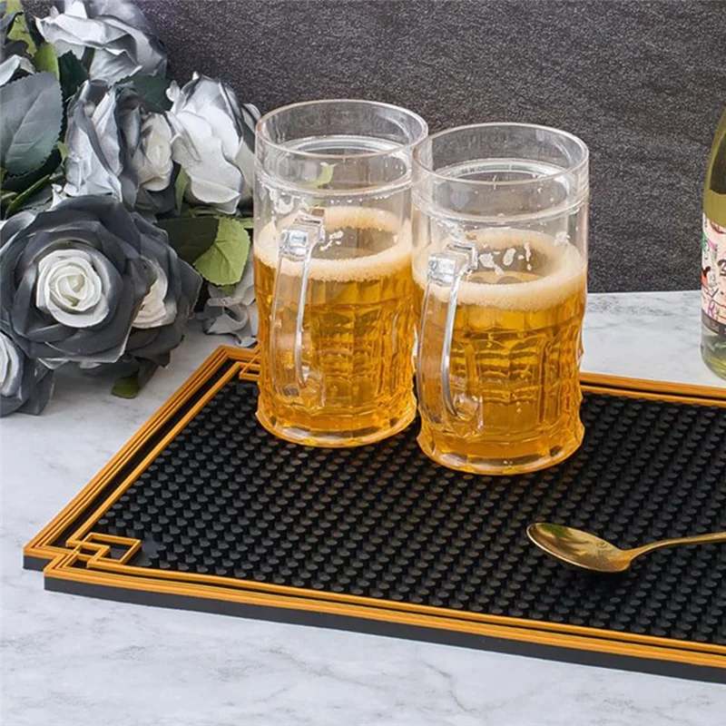 

AT29-2 Pcs Gold Border 18 X 12 Inch Non Slip Rubber Bar Mat For Restaurants, Barbershop Clippers, Bartending-Black