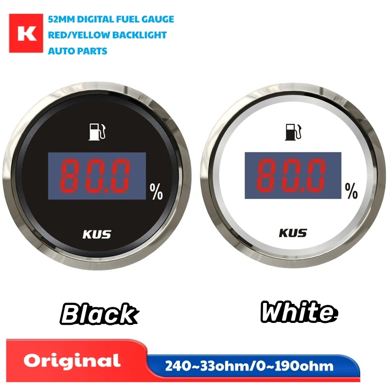 

KUS 52mm Digital Fuel Level Gauges 0-190ohm Black Fuel Level Meters Devices 240-33ohm with Red or Yellow Backlight for Auto Boat