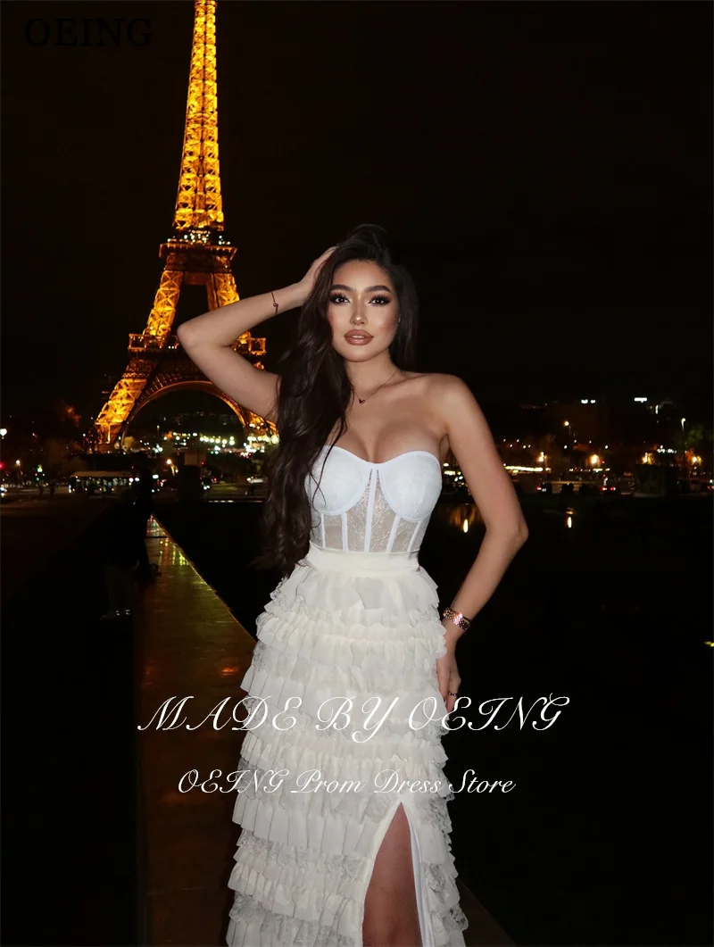 Oeing moderno a linha vestidos de baile marfim renda em camadas sem mangas alta fenda lateral vestidos de festa de aniversário robes de soirée personalizado