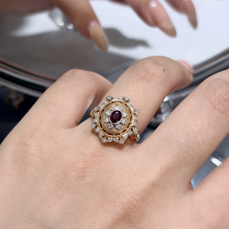 Aazuo Fine Jewely Vintage Style 18K Yellow Gold  Natrual Ruby Real Diamonds Flower Rings For Girls & Women Senior Banquet Party view 6