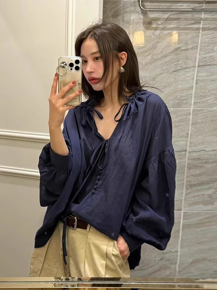 

Шикарный винтажный женский свободный топ V-Ne Bubble Sve irt с поясом, корейский Sle Long Sve Commute Faion