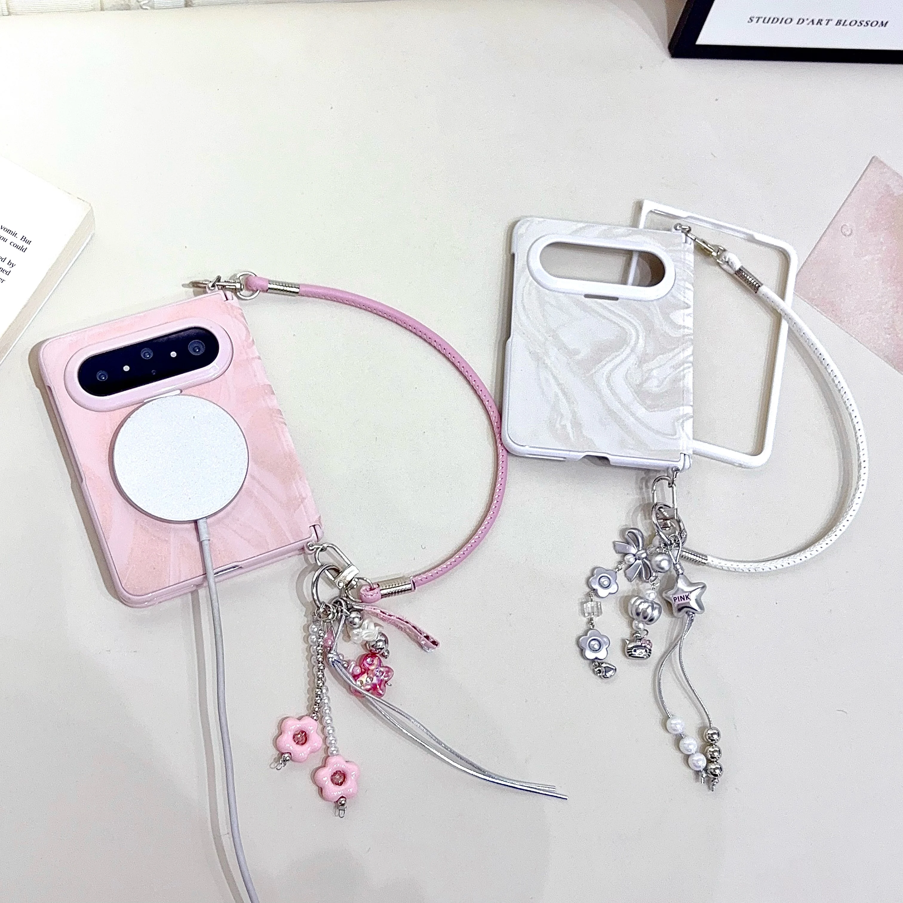 

Back Cover For Huawei Pura X Max Case Water Ripple Magnetic Attraction Flower Pendant Hand Straps Rope Hard PC Phone Case