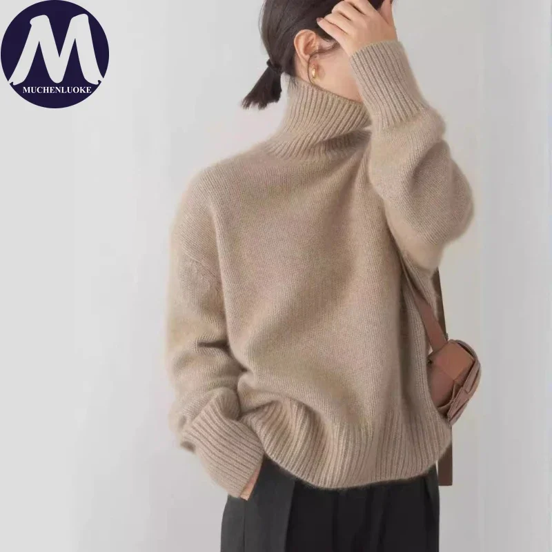 Elegant High Neck Knitted Sweater for Women Long Sleeve Autumn Winter Warm Casual Loose Thick Korean Fashion Pullover