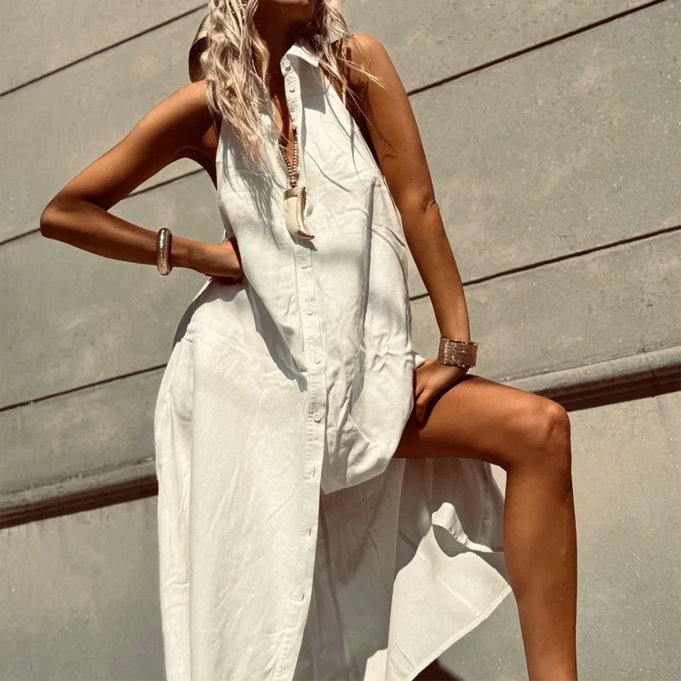 

2026 Spring Summer New Pure Cotton Sleeveless Turn Down Collar Slim Long Shirt Dress Women White Commute Versatile
