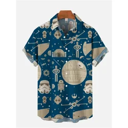 Retro Harajuku Blue Space War Planet Robot Short Hawaiian Casual Shirt Men with Print Vintage Floral Stylish Fit Men's Clothing