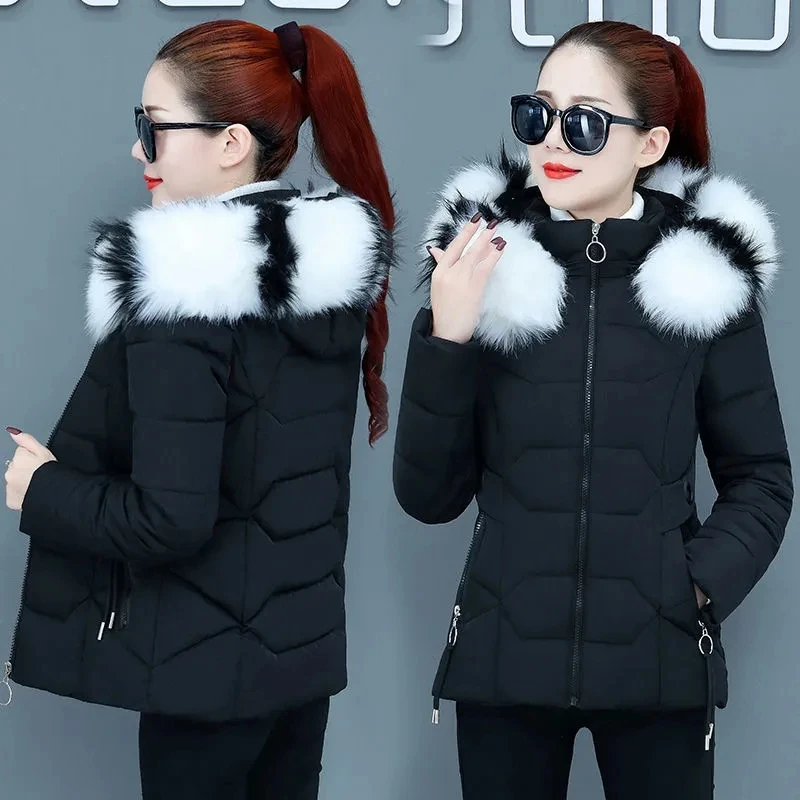 Winter Cotton Padded Clothes Women Warm Plush Short Cotton Coats Faux Fur Collar Hooded Cotton-padded Female Overcoat Jacket